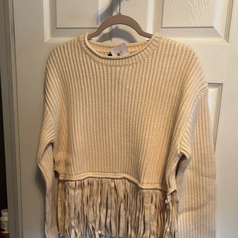 Cream Chunky Knit Crew Neck Sweater with Fringe Detail